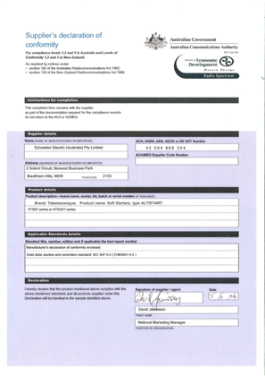 ATS01 C-TICK certificate of conformity